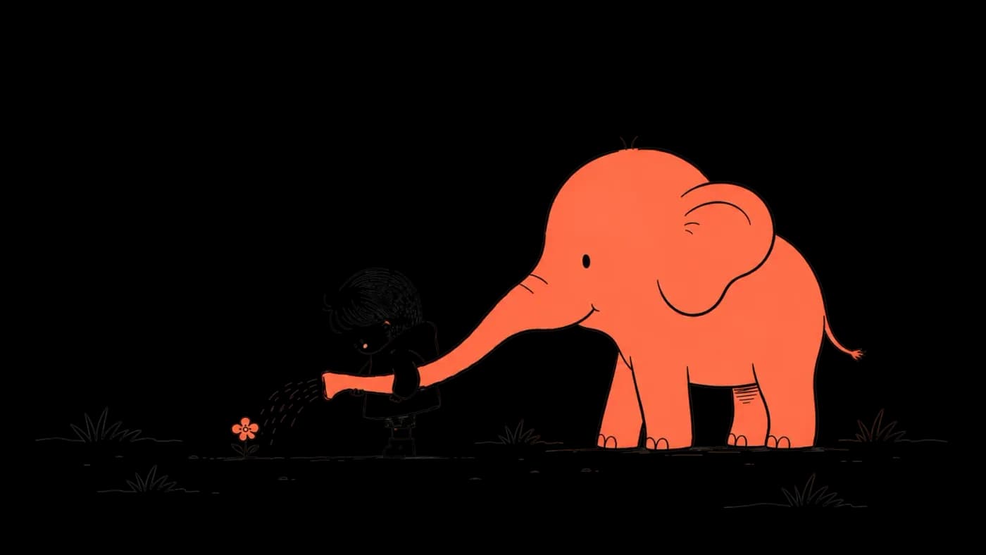 Illustration of an elephant watering a flower
